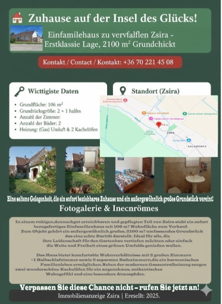 Ház-családi ház eladó – 3 szoba – Zsira