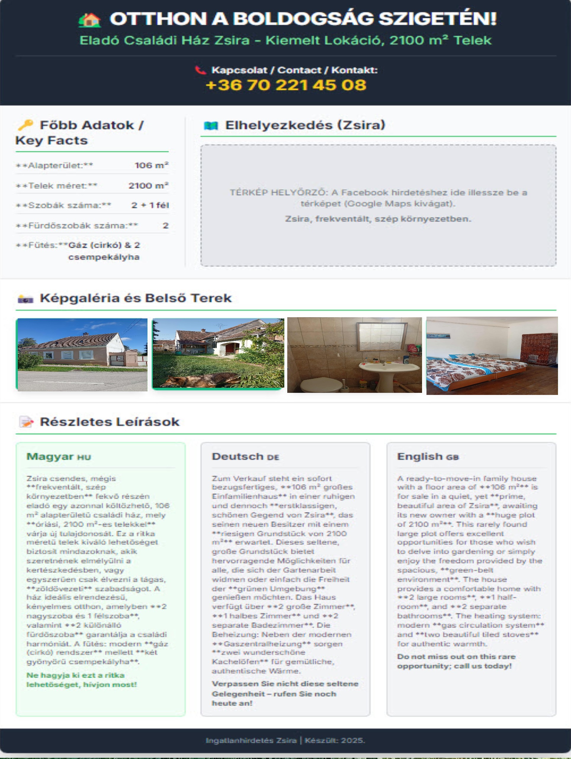 Ház-családi ház eladó – 3 szoba – Zsira